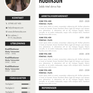 Elegant CV‑mall i ljus skandinavisk design med strukturerad layout som gör det enkelt att presentera erfarenhet, styrkor och kontaktuppgifter på ett professionellt sätt.