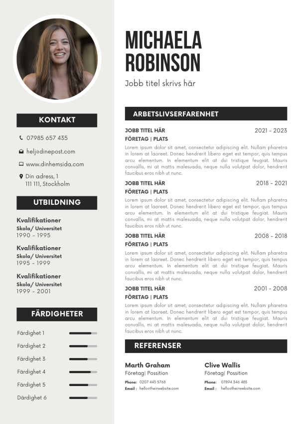 Elegant CV‑mall i ljus skandinavisk design med strukturerad layout som gör det enkelt att presentera erfarenhet, styrkor och kontaktuppgifter på ett professionellt sätt.