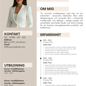 Stilren och lättredigerad Elegant CV‑mall i ljus skandinavisk design med tydlig layout för kontaktuppgifter, utbildning, personlig presentation och arbetslivserfarenhet.