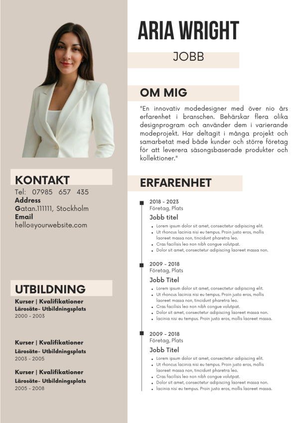 Stilren och lättredigerad Elegant CV‑mall i ljus skandinavisk design med tydlig layout för kontaktuppgifter, utbildning, personlig presentation och arbetslivserfarenhet.